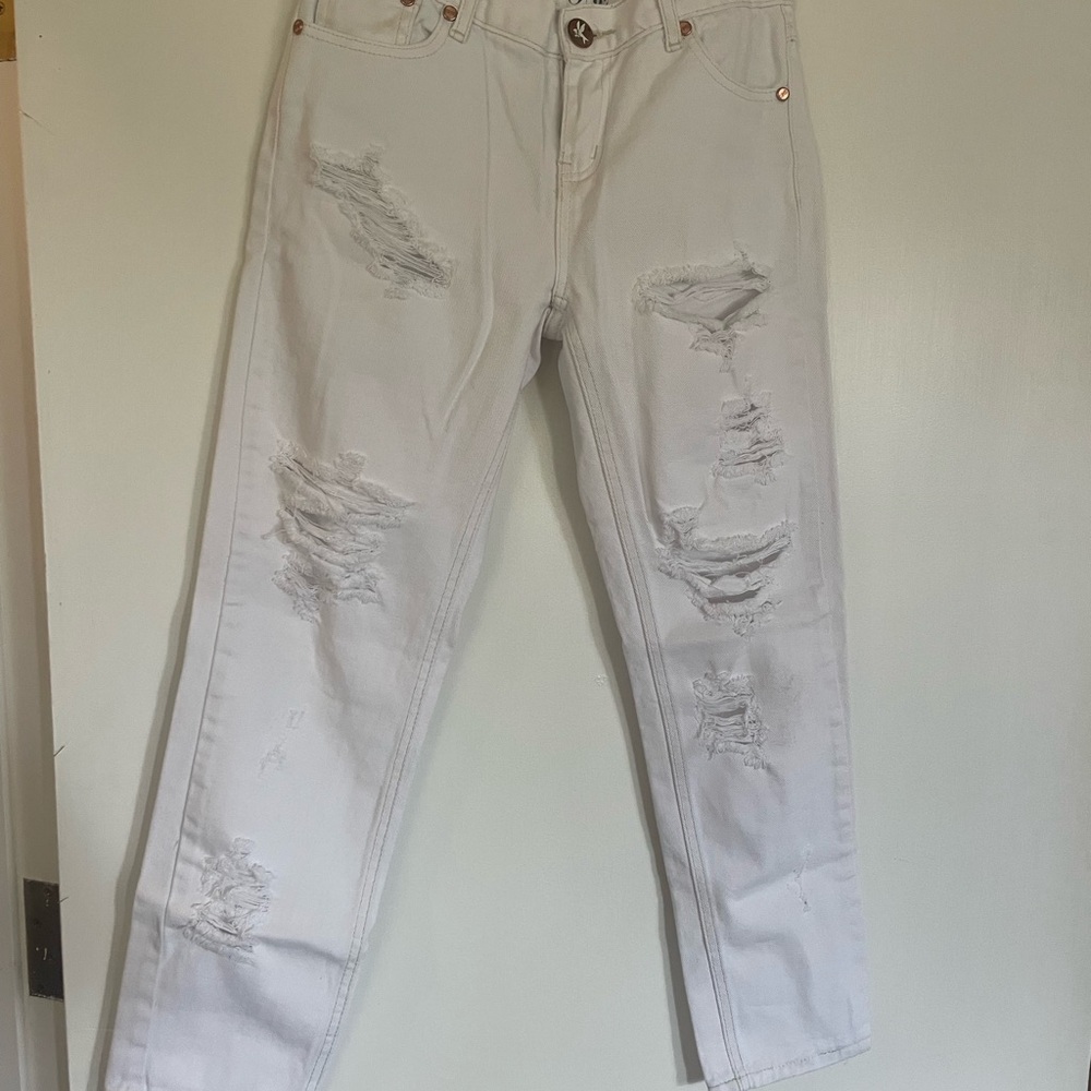One Teaspoon White Straight Leg Jeans Distressed Design